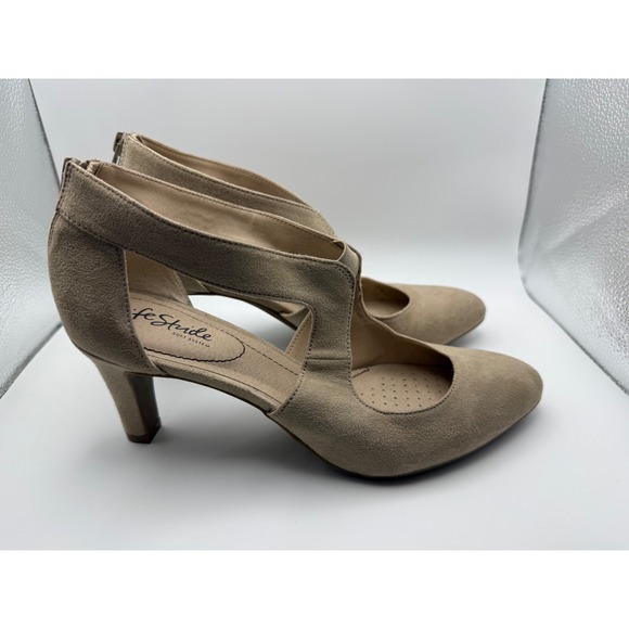 Life Stride Shoes - LifeStride Giovanna 2 Pump Beige Suede Cutout Block Heel Zipper Women 9W